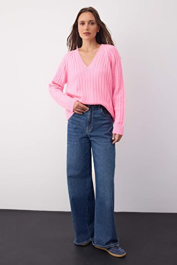 Trendyol Collection Wardrobe Essentials Pink Soft Textured Ribbed Knitwear Sweater Twoaw26Kz00078