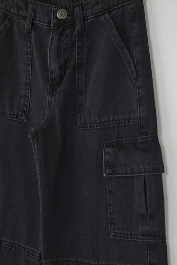 TRENDYOLKIDS Black 100% Cotton Cargo Pocket Flare Adjustable Elasticated Girls Denim Jeans Tkdaw26Je00004