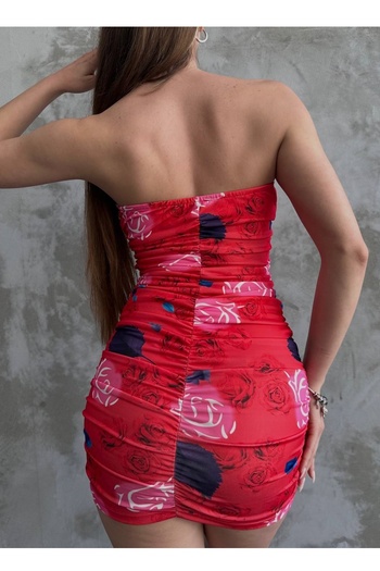 vuvutasarım Dilber Dress Red Stretch Fabric Flower Patterned Drape Design Strapless Collar Mini Dress 12135