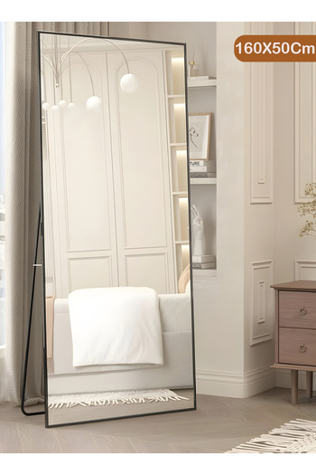 Taimi Large Mirror With Elegant Design 160x50 Cm-full Length Mirror With Black Metal Frame And Back Stand