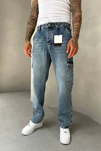 MADZEYMODA Erkek Kargo Cep Koyu Mavi Jean Kot Pantolon