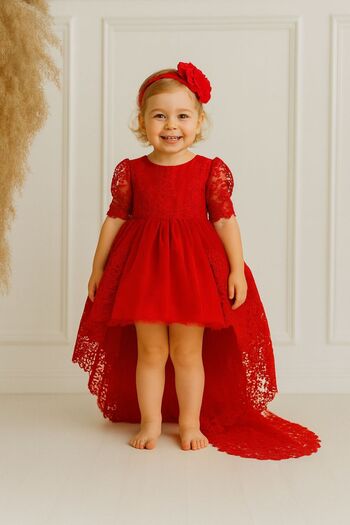 Hobidik Girls' French Lace Surrounded Fabric Birthday Special Occasion Dress - Red