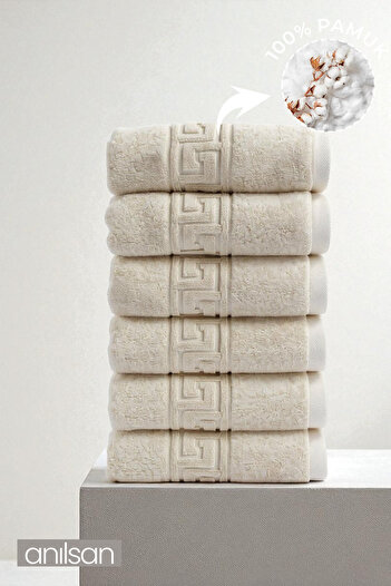Anılsan 6-Piece Greek Cream Hand Towels - 50X90 Cm, 225 Gr, 100% Cotton, Spa and Hotel Towels, Suitable for Daily Use