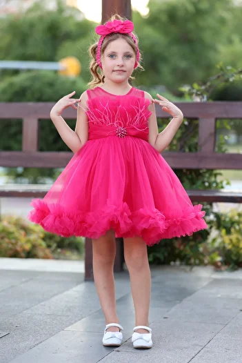 MİSS RAİN Girl's Tulle Evening Dress with Skirt Tip and Breast Ruffle Detail with Stone Accessories