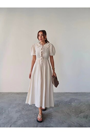 Lusin Women's Beige Stylish Baby Collar Detailed Lined Muslin Fabric Short Sleeve Summer Dress