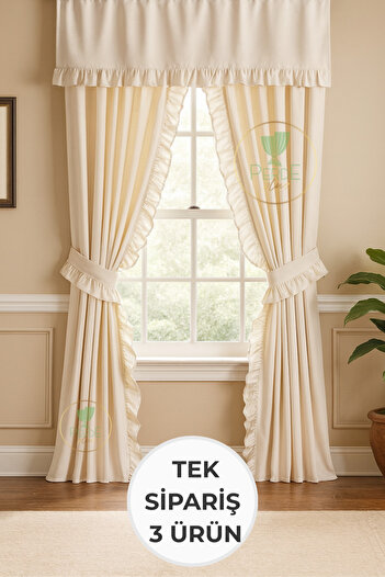 Perdeplus Ruffled Linen Curtain Set – Set of 3, Rustic & Cornice Compatible