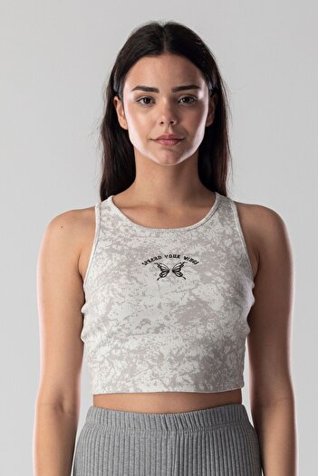 Mood Lab Halter Neck Tank Crop Slogan Printed Cotton Ribbed Knitted Camisole Lycra Top