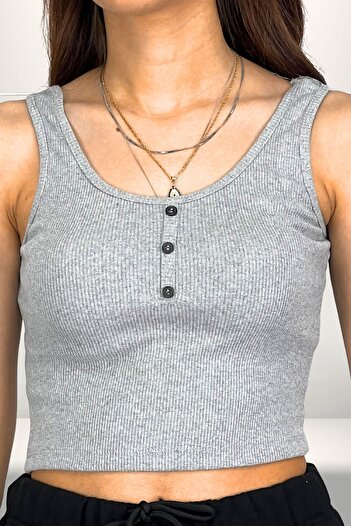 Mood Lab Thick Strap U Neck Button Detailed Crop Top Tank Top