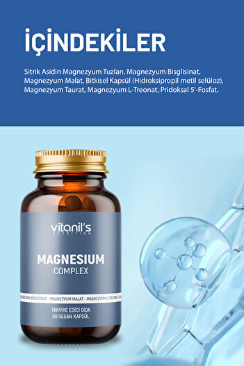 Vitanil's Nutrition Magnezyum Complex (Aktif B6, Magnezyum Malat, Taurat, L-Treonat, Sitrat, Bisglisinat) 60 Kapsül