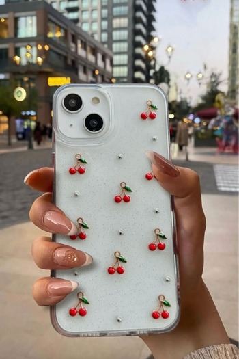 KVK PRİVACY Apple iPhone 13/14 Compatible Epoxy Cherry Pattern Transparent Glitter Case – Shockproof Cover