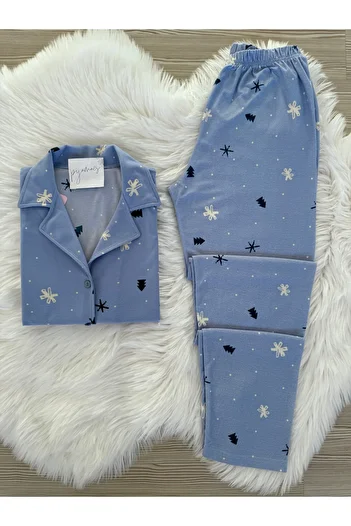 Pijamacs Set de pijamale cu mânecă lungă, guler de cămașă din piele intoarsa cu model de zăpadă albastră