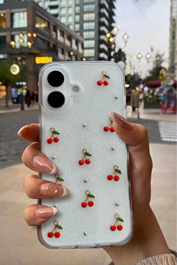 KVK PRİVACY Apple iPhone 16 Compatible Epoxy Cherry Pattern Transparent Glitter Case – Shockproof Cover