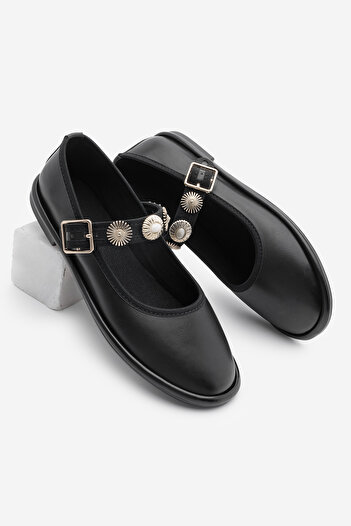 Marjin Women's Banded Gold Buckle Brooch Detailed Ballerina Semura Black