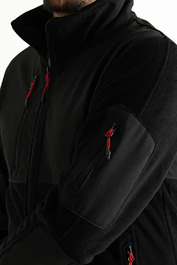 REYNARD Men's Black Slim Fit Anti-pilling Non-Pilling Full Zipper Softshell Garnished Fleece Sweatshirt