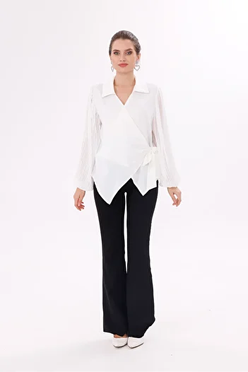 happinice Chiffon Sleeves Satin Double Breasted Tie-Up Blouse