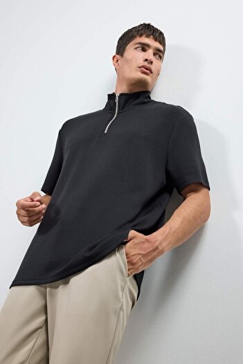DeFacto Regular Fit Stand Collar Modal Blend Half Zip Heavy Fabric Short Sleeve T-Shirt B6502Ax24Sp