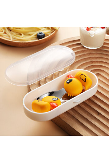 jojobebek Children's Stainless Steel Fork and Spoon Set with Duck Figure (Yellow Color)