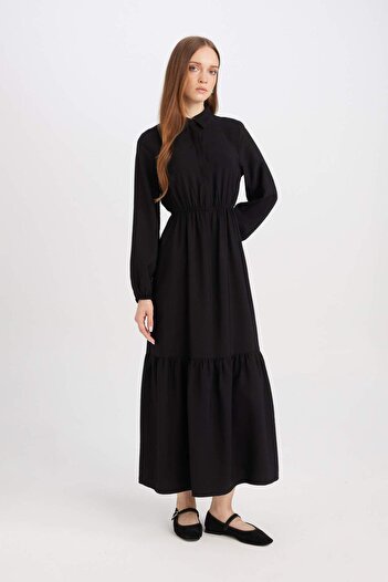 DeFacto Shirt Neck Long Sleeve Maxi Dress - Solid Button and Waist Drawstring D5851Ax25Sp
