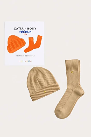 Katia&Bony Чоловічий трикотажний комплект шапки та шкарпеток - Преміум в коробці, темно-бежевий