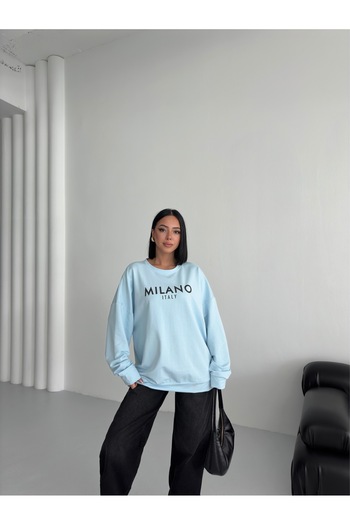 moda paketi Crew Neck Front Printed Oversize 2 Thread Sweatshirt