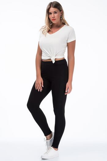 Şans Women's Large Size Black Cotton Fabric Leggings Trousers 65n35417