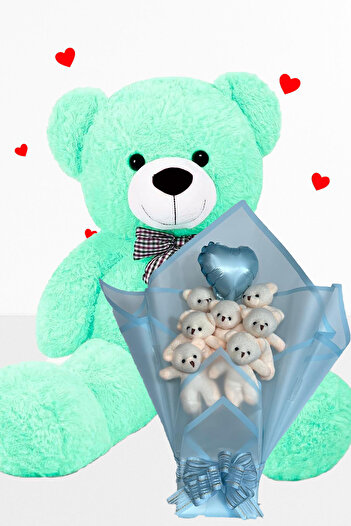 Sole Plush Bear 90 cm Birthday Gift Set Blue Bouquet with Teddy Bear and Balloon Heart for Special Occasion