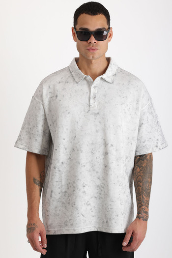 EGHO Washed Double Pique Fabric Men's Polo Neck Loose Fit T-Shirt with Tumbled Effect
