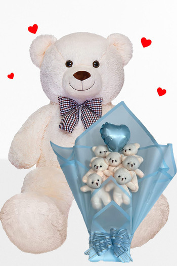Sole Plush Bear 90 cm Birthday Gift Set Blue Bouquet with Teddy Bear and Balloon Heart for Special Occasion