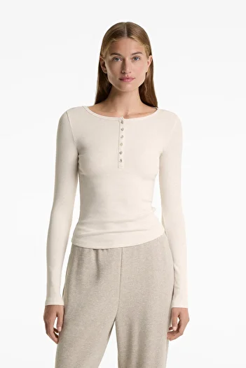 Oysho Long-sleeved buttoned rib top with cotton and modal