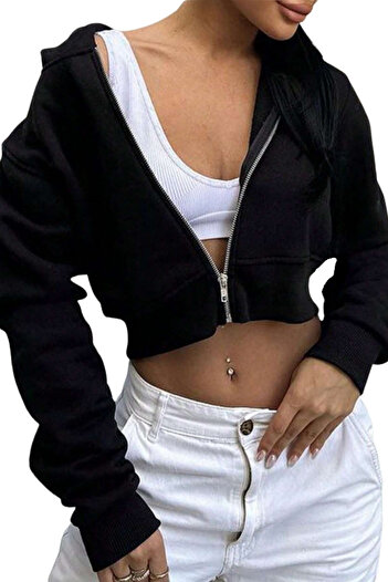 CLAYES Black Women's Crop Zipper Hooded Sweatshirt