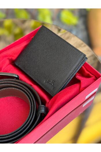 GÜRLEK TEKSTİL 100% Black Leather Belt & Wallet Set of 2 Suit Genuine Leather King