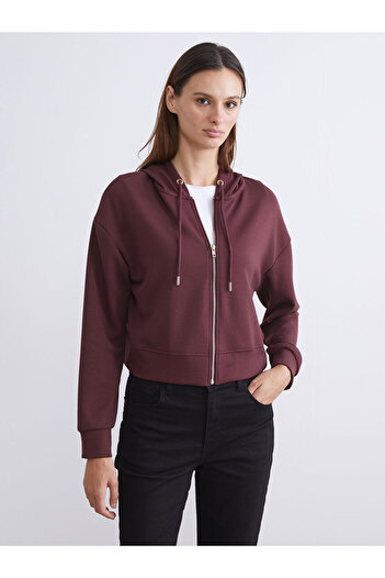 LC Waikiki Burgundy Hooded Women's Zippered Sweatshirt