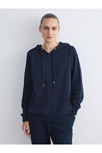 LC Waikiki Navy Blue Hooded Women's Zippered Sweatshirt