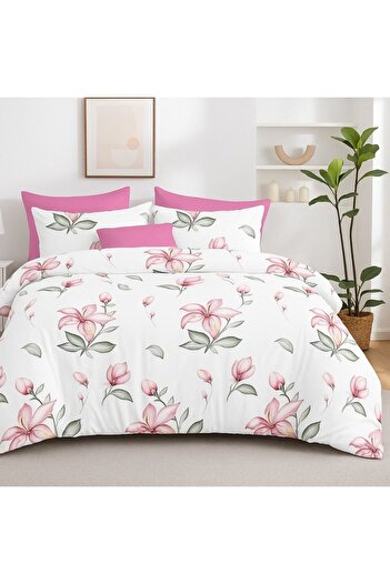 Pucioasa 6-piece finet bedding set, pink flowers on white