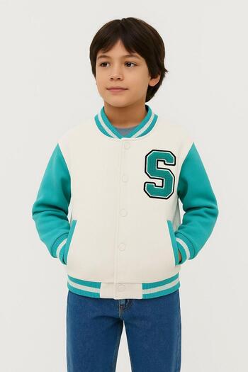 Magu Unisex Kids Cotton White Turquoise College Jacket - Letter Appliqued Bomber Coat