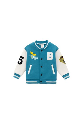 Magu Unisex Kids Cotton Turquoise White College Jacket - Bomber Coat with Letter and Print Detail