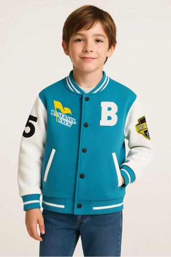 Magu Unisex Kids Cotton Turquoise White College Jacket - Bomber Coat with Letter and Print Detail