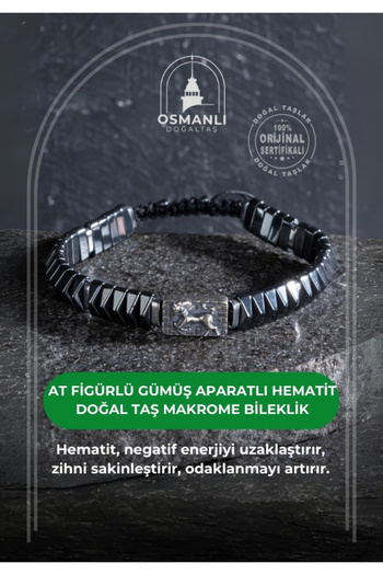 OSMANLI DOĞAL TAŞ Certified Horse Figured Hematite Natural Stone Macrame Bracelet with Silver Apparatus