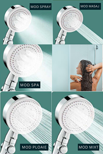 clickzu 6-function shower set, high-pressure shower head and water stop button, 1.5m hose, adhesive backing