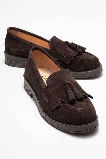 LuviShoes Γυναικεία Loafer παπούτσια MILINA καφέ σουέτ με φούντες από γνήσιο δέρμα