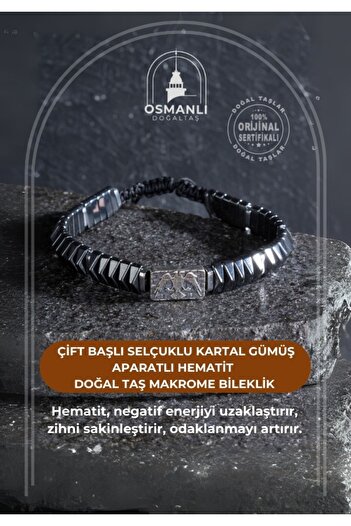 OSMANLI DOĞAL TAŞ Certified Double-Headed Seljuk Eagle Hematite Natural Stone Macrame Bracelet with Silver Apparatus