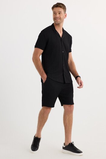 Tudors Men's Slim Fit Slim Fit Apaş Collar Waist Lace-Up Black Shirt Shorts Set