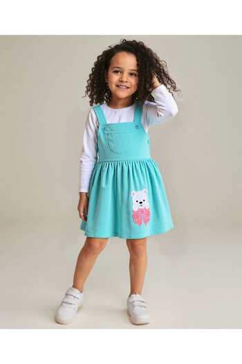 Babyhug Cotton Knit Frock with Full Sleeves Solid T-Shirt with Bear Embroidery - Aqua Blue & White