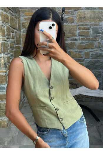 NEVEGE BUTİK Women's Linen Fabric Masculine Lined Vest Slim Fit Without Belt