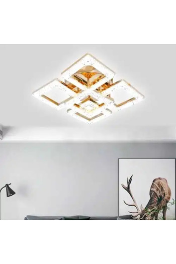 LED CONCEPT Lustra LED cu 3 tipuri de lumina si telecomanda, aurie, patrata, 100W, dimabila, 55x55x10cm