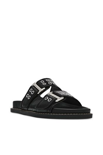 Steve Madden Womens Agent Black Crinkle Flat Sandals