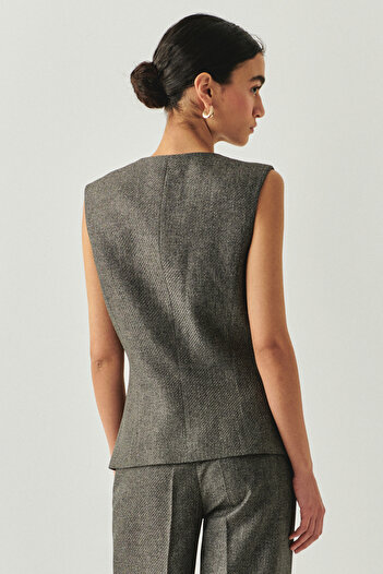 Exquise Herringbone Patterned Crew Neck Lined Slim Fit Vest with Pockets