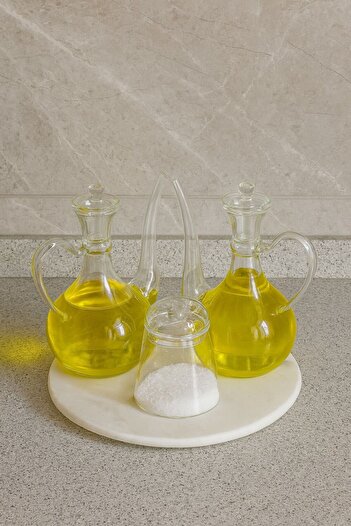 Reoona 3-Piece Glass Oil Bottle, Oil Pot and Salt Shaker Set – Stylish Presentation Glorry Set with Marble Base