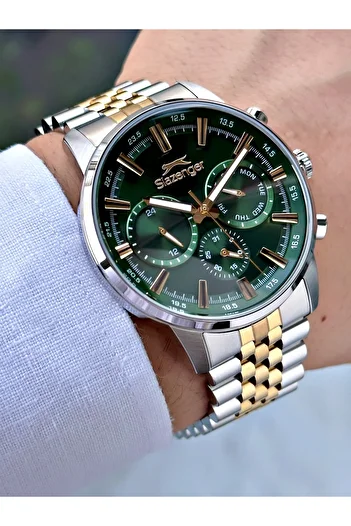 Slazenger Functional Gold-Green Color 10 Atm Waterproof Steel Band Steel Case Men Wristwatch 2453.04Mr