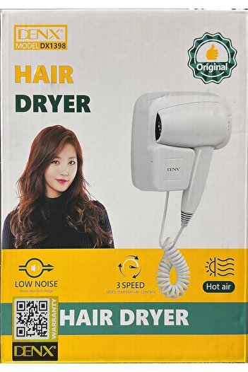 Generic Hair Dryer DENX DX1398, 1250W, Wall-Mounted, Spring Cable 220cm, 3 Speeds, Low Noise, White